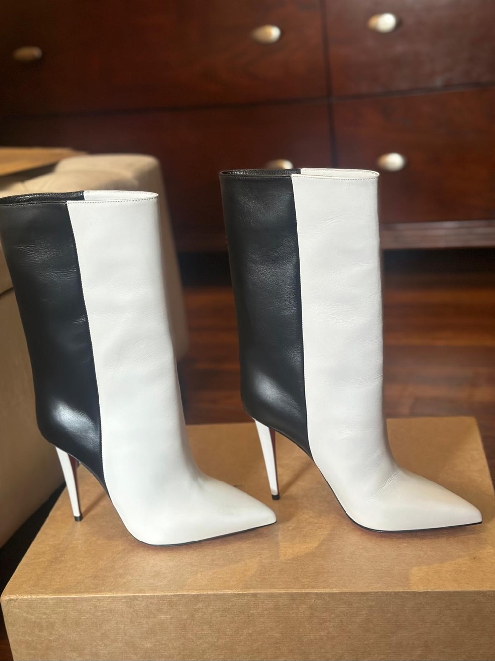 Christian Louboutin Black and White Colorblock Stiletto Booties - Picture 3 of 8